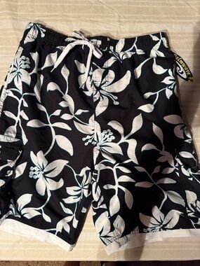 Men's Black Floral Cargo Swim Shorts with White Print